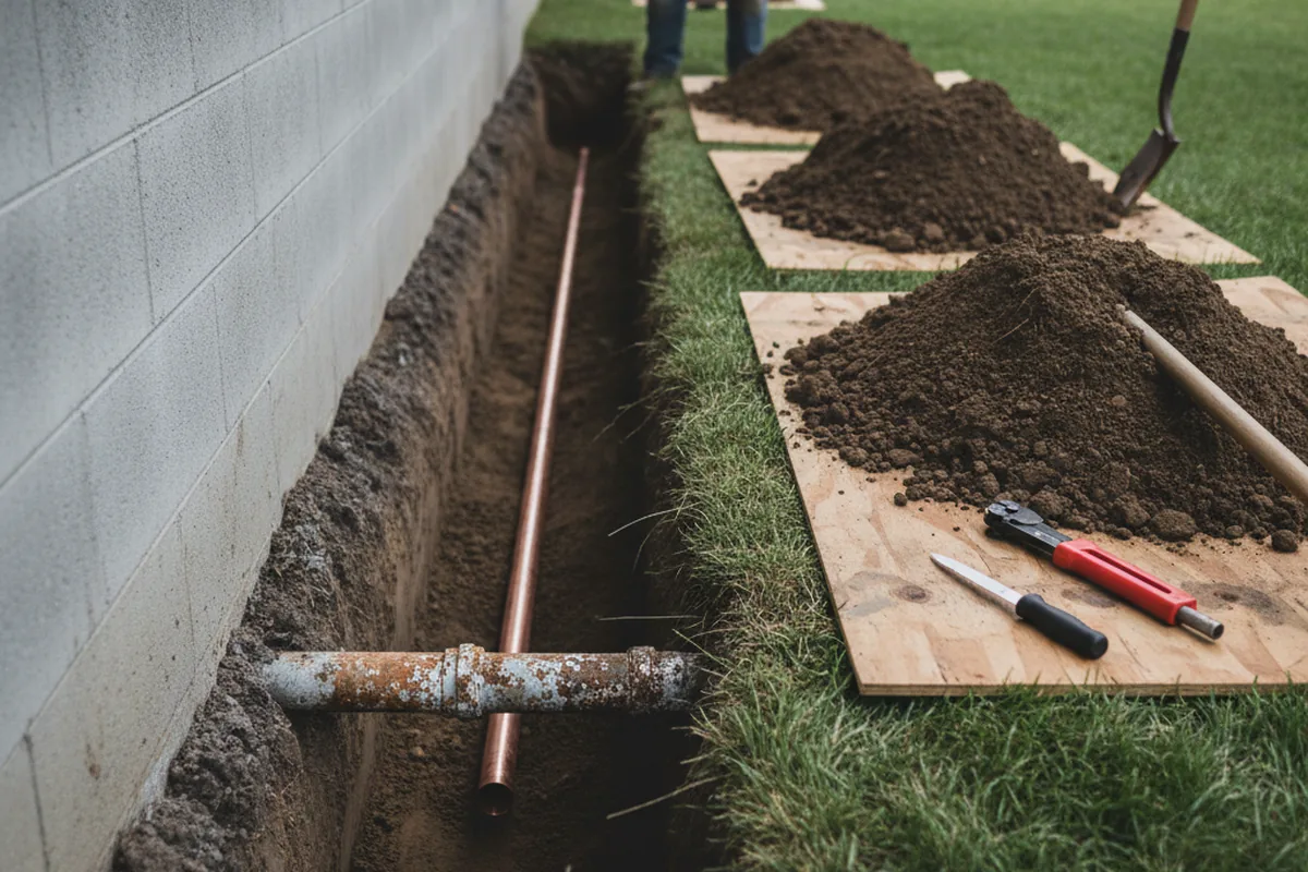 Excavated water line trench during Water Softener Installation in El Dorado